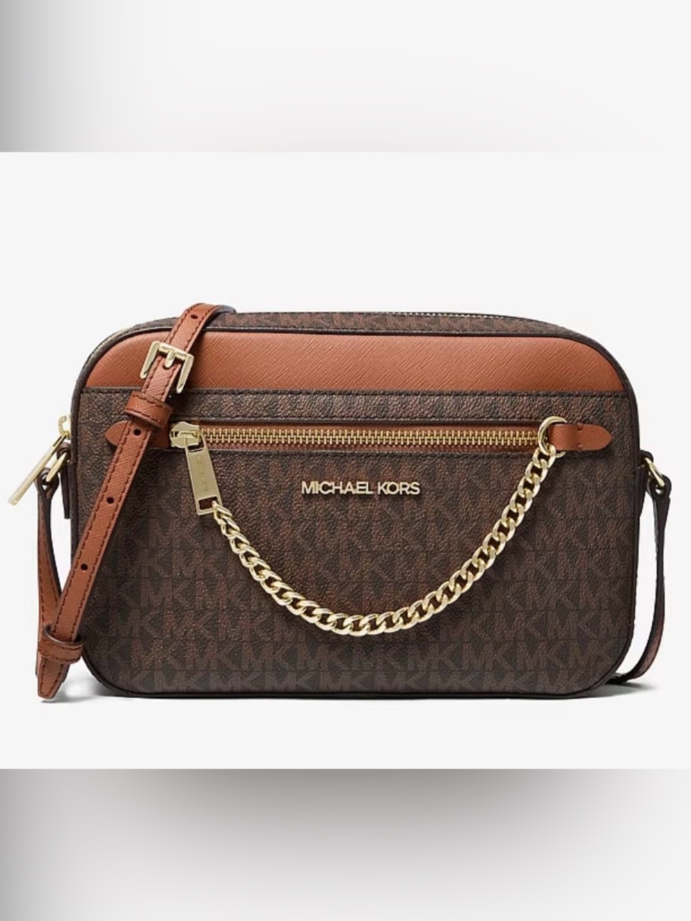 Michael Kors Brown and Tan Crossbody with Gold Chain